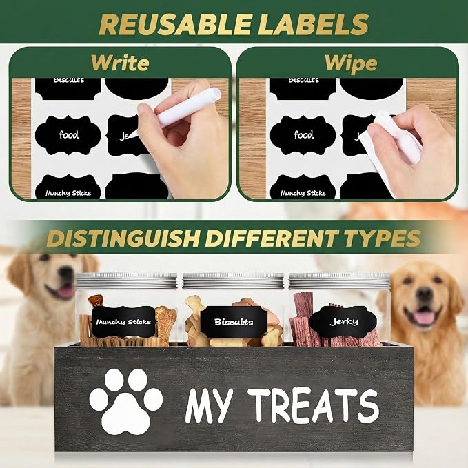 qeerable Dog Treat Container Airtight Storage Jars Set of 3 - Clear Plastic Pet Treat Canister with Lids - Dog Food Container for Countertop Organization (grey)