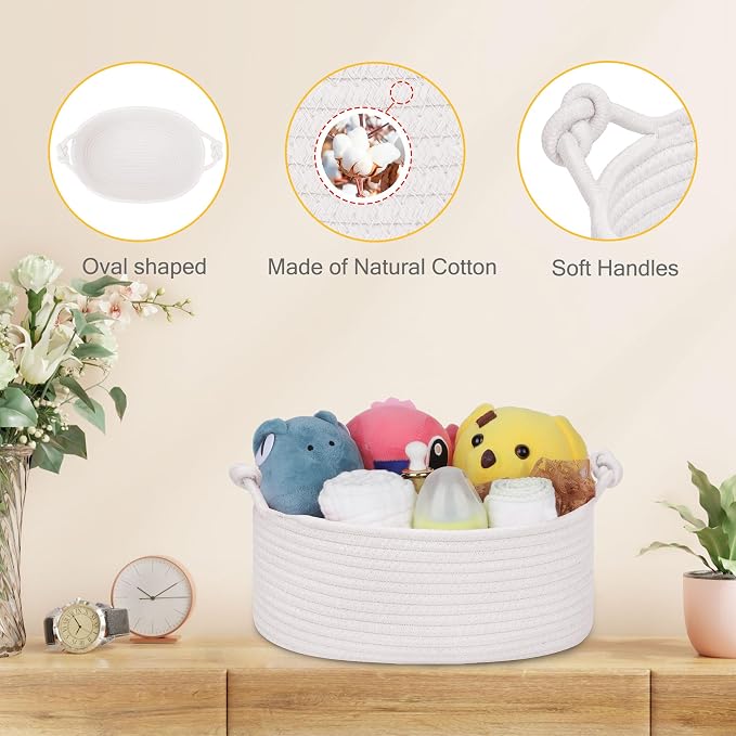 Small Empty Gift Basket with Bag & Ribbons, White | 12“x8”x5”, Cotton Rope Woven Basket for Birthdays, Baby Showers, Mother's Day, Christmas; Stores Small Items, Kids & Pet Toys