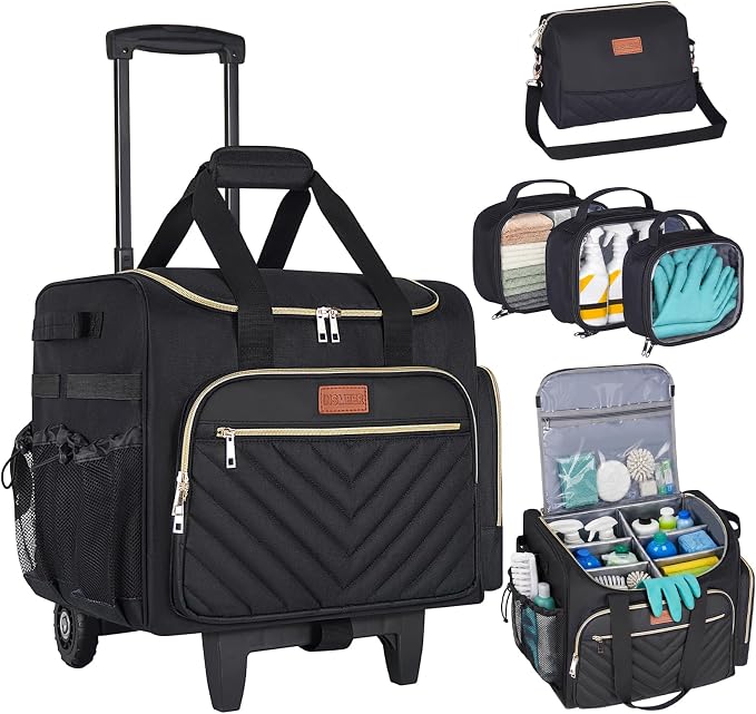 INSMEER Cleaning Caddy with Wheels,3 Removable Clear Bag and 1 Shoulder Bag | Large Cleaning Cart on Wheels,Water Resistant Cleaner Supplies Organizer with Wheels for Kitchen, Tool Organizer