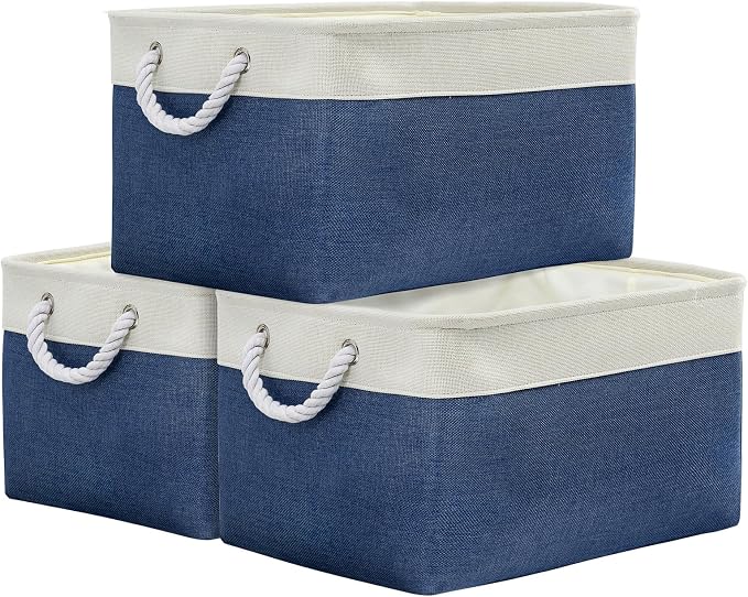 Organization and Storage Basket for Organizing - X Large 3 Pack 17.7L×13.8W×9.8H in Collapsible Storage Bin for Shelves, Basket for Gifts Empty Toys Organizer Gift (White & Jean Blus)