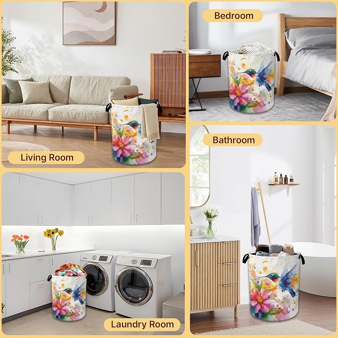 Hummingbird Laundry Basket Collapsible with Handles,Watercolor Flower Waterproof Oxford Cloth Hamper,16 x 20.8 Inch Storage Organizer for Bathroom Bedroom Dorm