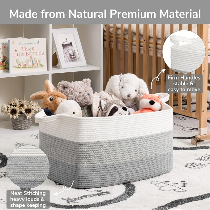 Goodpick Large Woven Rope Blanket Basket, Rectangle, Light Gray | 21.6'' x 14.9'' x 11.8'' Storage Basket for Blankets, Pillows & Toys, Living Room & Nursery Organization, Reinforced Handles