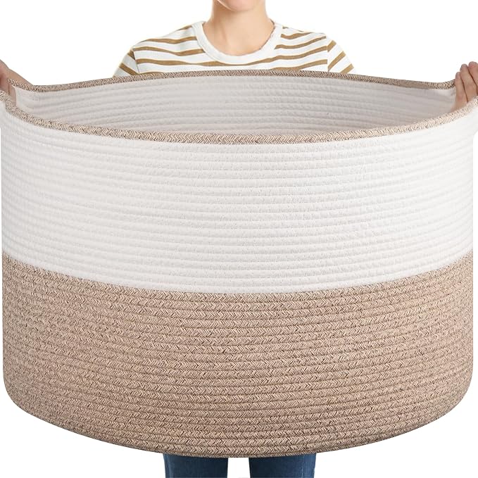OIASKET XXL Large Blanket Basket with Handles, 105L Woven Storage Basket for Living Room, Cotton Rope Baby Toy Storage for Clothes, Pillows, Towels-Brown & White