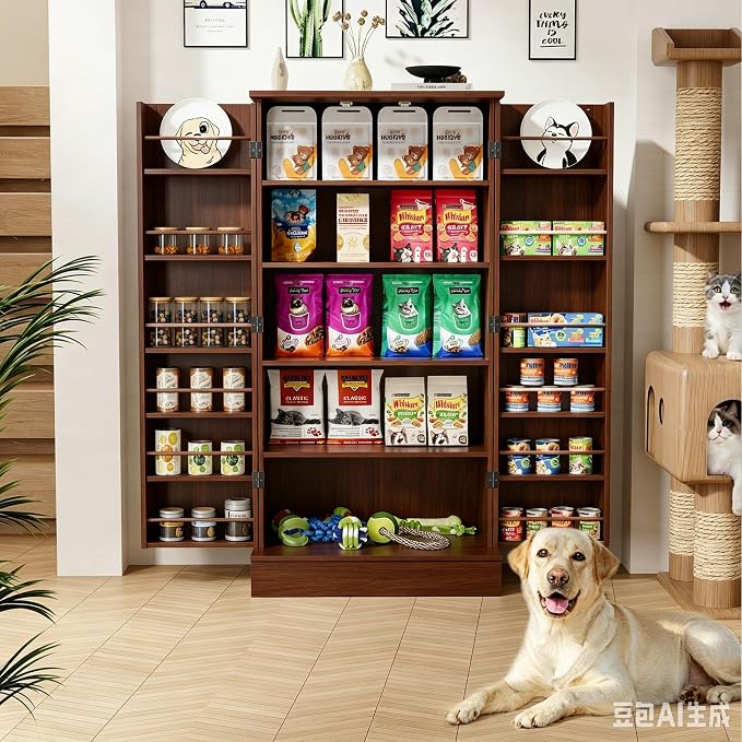 Saudism 47" Dog Food Storage Cabinet with Doors and Adjustable Shelves | Freestanding Pet Storage Container Organizer for Living Room and Dinning Room, Walnut