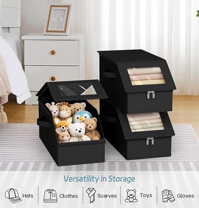 AOODA 3 Pack Stackable Hat Storage Box for Baseball Caps, Holds 36 Caps | Hat Organizer for Closet, Sturdy Hat Boxes for Men, with Cardboard, Space-Saving, Pure Black