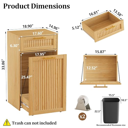 13 Gallons Pull Out Trash Can Cabinet, Hidden Trash Can, Natural Oak | Fluted Kitchen Trash Cabinet with Drawer, Freestanding Garbage Pet Proof Trash Can Holder for Laundry, Living Room