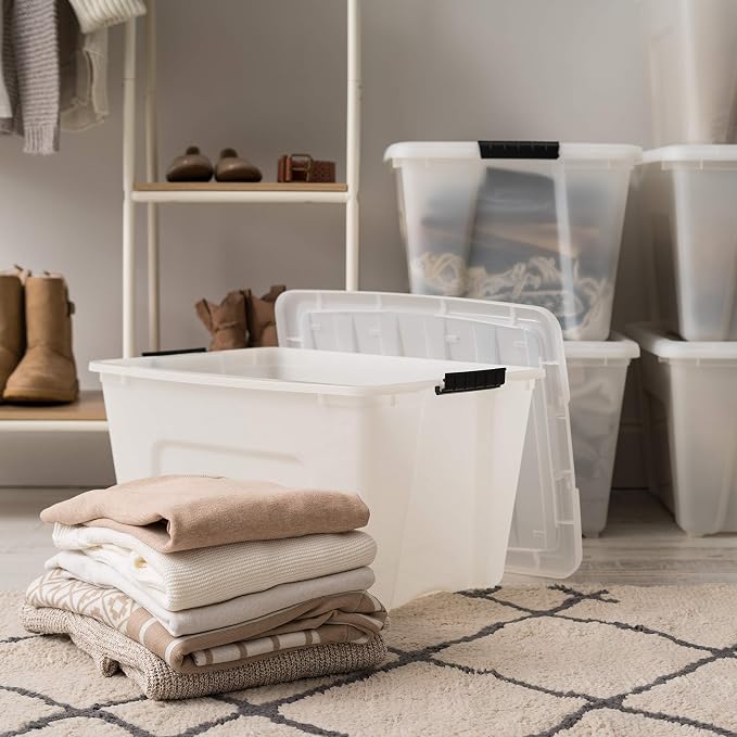 IRIS USA 6-Pack 54 Quart Storage Bins with Lids, Pearl | Conceals stored items for a clean look, Nestable design saves space between uses