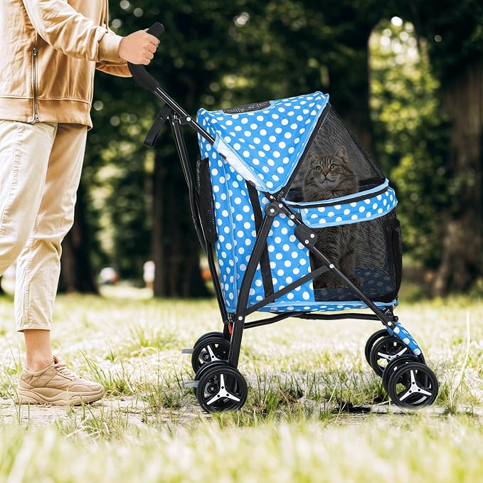 Magshion Compact Fold Pet Travel Stroller for Small Dogs Cats | Up to 22lbs, 4-Wheel Lightweight Umbrella Shaped Design, Safety Tethers, Breathable Mesh, Cup Holder & Rear Storage