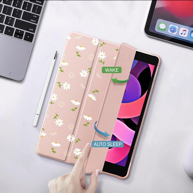 Cute Kawaii Floral Case for 7.9" iPad mini 4/iPad mini 5, Clear TPU Smart Stand Back Cover with Pencil Holder, Auto Wake/Sleep Foldable Four-Corner Shockproof Protective Case