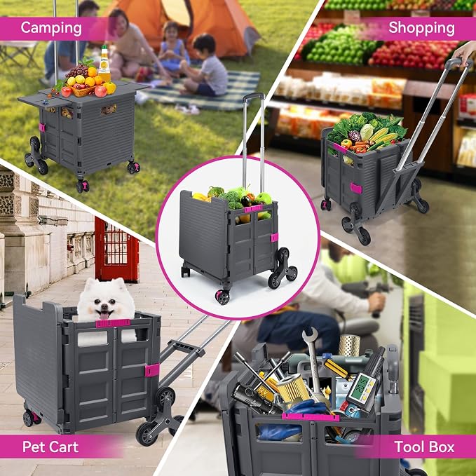 Foldable Utility Cart Portable Crate Rolling Dolly with Telescopic Handle,Can be Pulled diagonally, Magnetic Retractable Lid, 360°Swivel Climbing Wheels for Shopping Carrying Groceries Move Grey