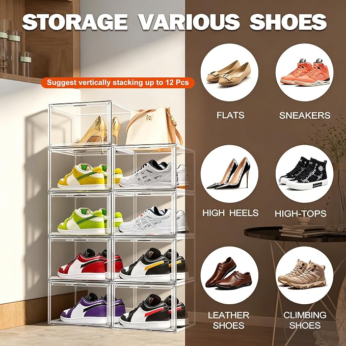 12 Pack Clear Acrylic Shoe Boxes, Wide Magnetic Door Shoe Organizer Size 12 | clear storage boxes for daily shoes, flats, low-top sneakers and closet storage,13.4 x 10.3 x 7.6 in