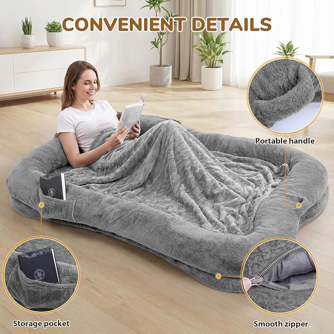 Human Dog Bed 71 x 47 x 12 in, Silver | Memory Foam Dog Bed for Humans & Large Pets, Removable & Washable, with Storage Pocket