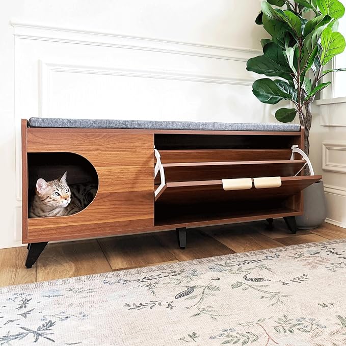 4 Cats & Dogs Tucker Shoe Cabinet – Multi-Functional Crate with Cushioned Bench Seat, Pet Nook & Hidden Cat Litter Box Storage, Modern Hallway Furniture 43” x 14” x 20”- Walnut