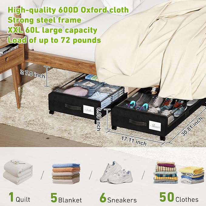 YAASHEEN Under Bed Storage with Wheels, 2-Pack Under the Bed Storage Containers with Clear Lids & Label, Underbed Storage Bins, XXL 60L Rolling Metal Drawer for Clothes, Shoes, Toys, Books - Black