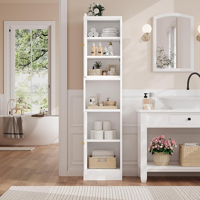 67" H Tall Bathroom Cabinet,Narrow Pantry Cabinet,Tall Narrow Bathroom Storage Cabinet, Metal Cabinet, White Floor Cabinet,Skinny Storage Cabinets with 4 Adjustable Shelves