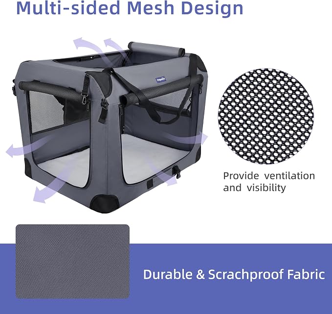 Petprsco Collapsible Dog Crate, 40 inch Portable Dog Crates for Large Dogs | Large Soft Foldable Dog Crate & Kennel for Travel, 3-Door with Sturdy Steel Frame & Durable Mesh Windows, Indoor/Outdoor