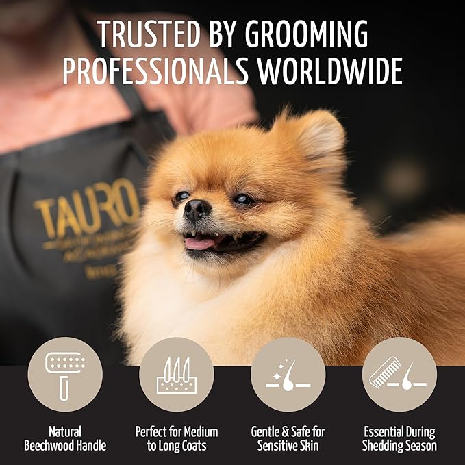Tauro Pro Line Slicker Brush for Dogs & Cats, Deshedding, Dematting & Detangling Grooming Tool for Medium to Long Coats, Ideal for Retrievers & Maine Coons, Flexible Cushion, Natural, Large Size (L)