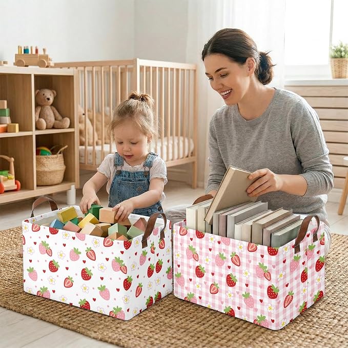 Britimes Strawberry Storage Baskets for Gifts, Toy Storage Bins Box, 3 Pcs | Cute Strawberry Canvas Collapsible Baskets Organizer with Handles Pink Nursery Decor Laundry Basket for Shelves Closet