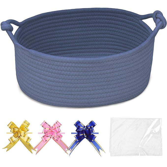 COMSE Small Gift Basket Empty with Bag & Ribbons, Solid Folkstone Gray | Cotton Rope, 12"x 8"x 5", Pet Toy Storage Organizer, Woven Basket for Birthdays, Baby Showers, Mother’s Day, Valentine’s Day