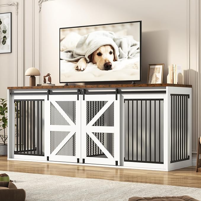 jiteentarou87In Farmhouse Dog Crate TV Stand, Wooden Dog Kennel Furniture with Sliding Metal Mesh Barn Door, Large Dog Crate Furniture for 2 Dogs, Solid Metal Tube & 2 Lockable Doors, White & Brown