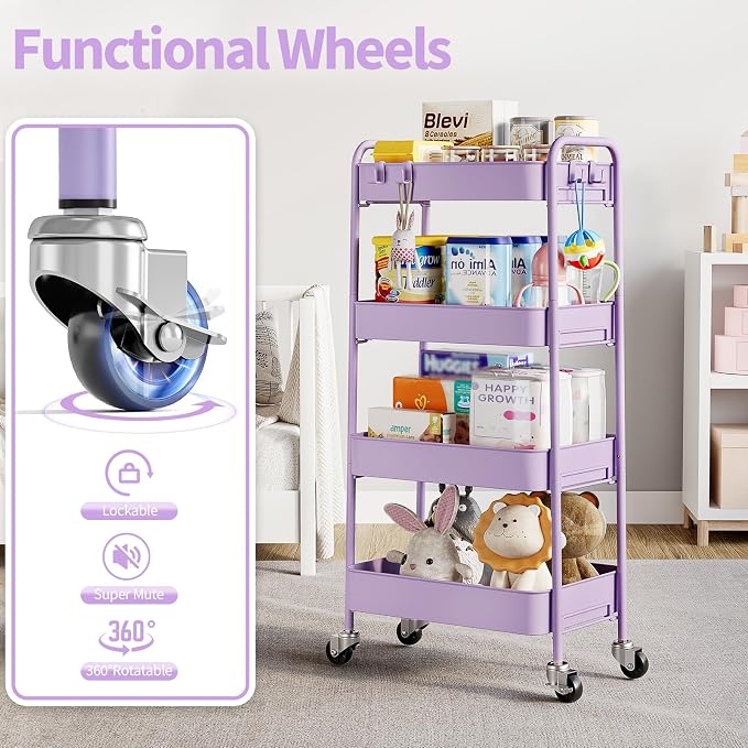 TOOLF 4 Tier Metal Rolling Cart, Utility Storage Cart with Wheels, Purple | Screwless Assembly, Lockable Metal Wheels, Trolley Organizer for Bathroom, Kitchen, Office, Dorm, Laundry, Craft Room