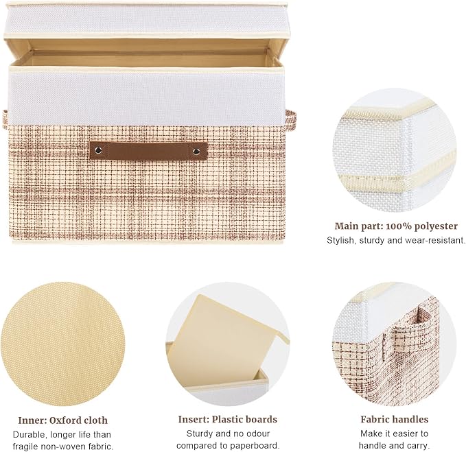 TYEERS Collapsible Storage Bins with Lids, Patchwork Design, Washable, Fabric Storage Boxes, 14.9x9.8x9.8 inches, 5 Pack, Camel Tan