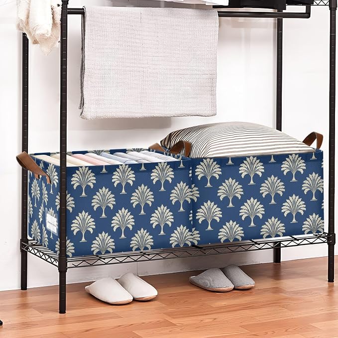 Navy Blue Bg Vintage Exotic Tree Storage Basket Foldable Cube Storage Bins with Handles&Label Waterproof Collapsible Organizer Box Bin Large Rectangle Decorative Baskets for Shelves Home Room Laundry