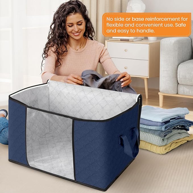 90L Clothes Storage, Foldable Thick Fabric Blanket Storage Bags | Foldable Containers with Zippers,Window and Handles for Organizing Bedroom, Closet, Comforter, Bedding,Dorm essentials