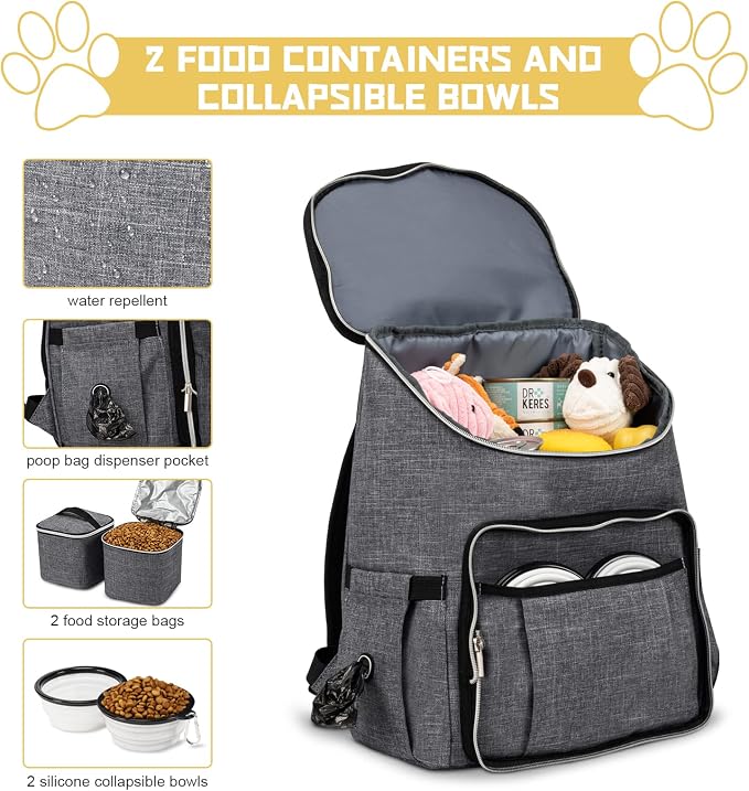 BAGLHER Travel Dog Backpack - Detachable Travel Dog Food Container for Pet Supplies Dog Gear Backpack,Dog Bag for Traveling with 2 Silicone Collapsible Bowls and 2 Food Baskets Grey