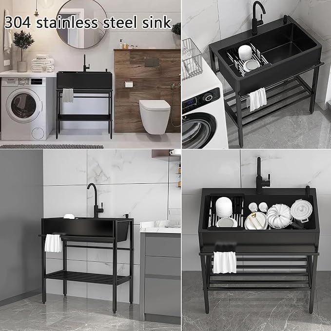 Utility Sink with Cabinet, Freestanding Stainless Steel Single Bowl Kitchenette Sink,Prep Laundry Tub, for Garage, Outdoor, Kitchen, Commercial, Workshop, Pet Wash Station, Includes Faucet, Black (Si