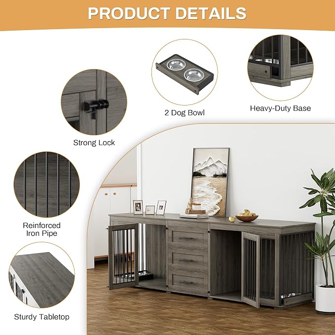 OUYESSIR 94.5" Double Dog Crate Furniture for Medium Large Dogs, Grey | Extra large dog kennel fits 2 Medium or large dogs, 3 Storage Drawers, 4 removable Stainless steel dog bowls, Solid Wood
