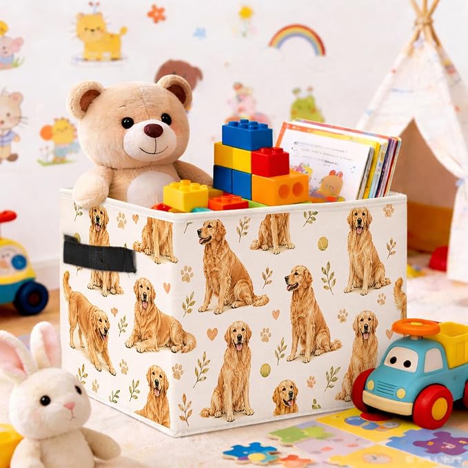 Golden Retriever Storage Bin, Foldable Fabric Organizer Basket | Golden retriever storage bin with dog pattern, tennis ball, leaf and paw details, foldable fabric design.