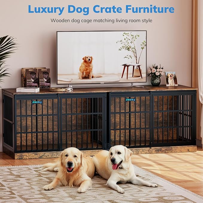 Petrova 47" Dog Crate Furniture for Large/Medium Dogs, Heavy Duty Dog Kennel Indoor with Name Tag, Wooden Dog Cage with Sliding Barn Door, Decorate House as TV Stand, End Table, Brown