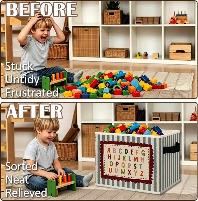 Alphabet Classroom Kids Cube Storage Bins with Handles, Alphabet ABC Educational Collapsible Fabric Storage Basket Boxes Books Clothes Organizer for Girls Boys Room Bedroom Playroom