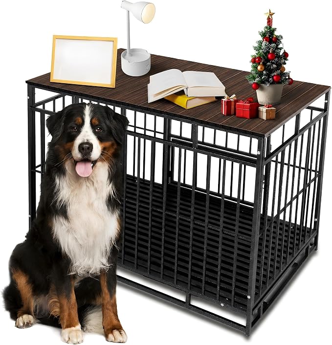 Dog Crate Topper with Magnets for 48 Inch Crate - Aluminum Foldable Dog Kennel Topper Decorative Storage Pet Crate Table Rustic Brown (Only Topper)