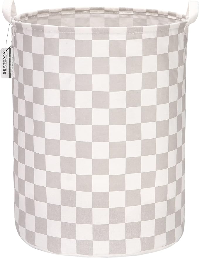 Sea Team Large Canvas Laundry Basket with Handles, Gray Grids | Collapsible Fabric Laundry Hamper, Closet Shelf Organizers, Containers for Clothing, Blankets, Toys, Bedding, 19.7 x 15.7”