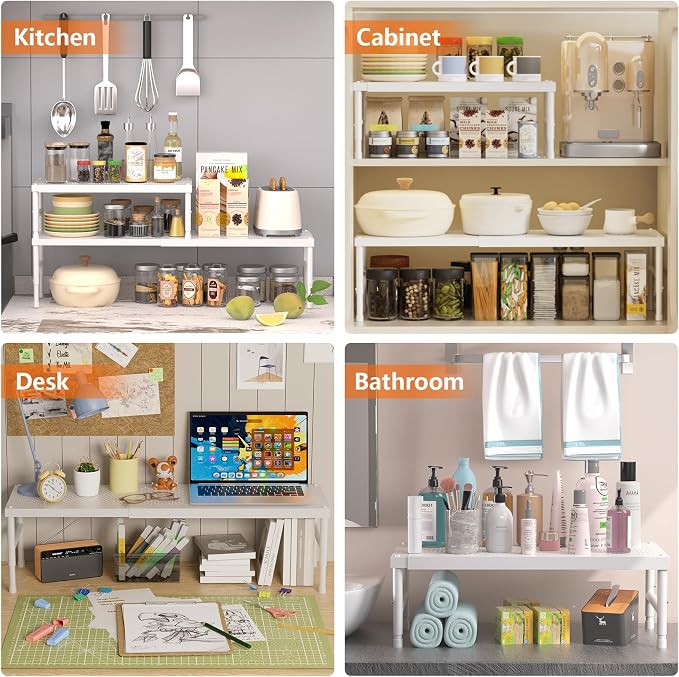 2 Pack Expandable adjustable stackable kitchen organizer,Spice Racks,Counter Shelf for Cabinets,Small Cupboard Organizers,Heavy Duty Metal Pantry Storage Shelves Racks for kitchen,cabinet, bathroom