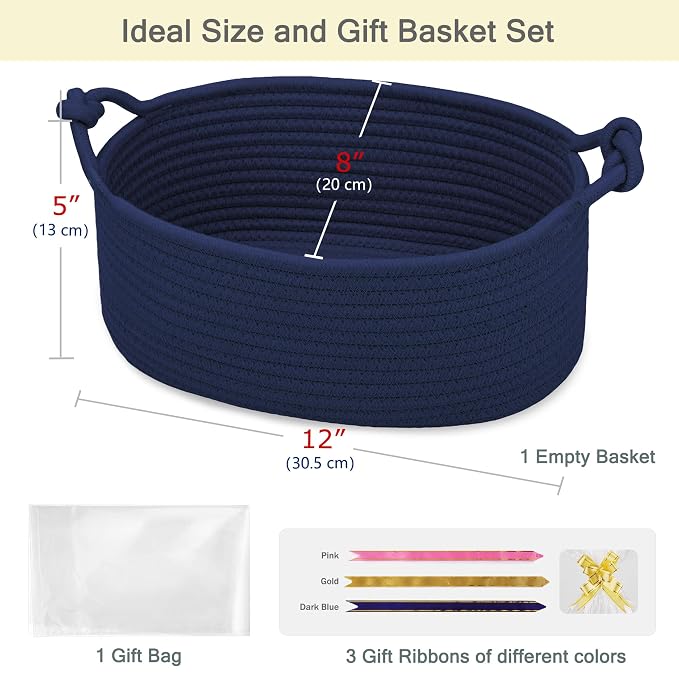 Small Empty Gift Basket with Bag & Ribbons, Navy Blue | 12“x8”x5”, Cotton Rope Woven Basket for Birthdays, Baby Showers, Mother's Day, Christmas; Stores Small Items, Kids & Pet Toys