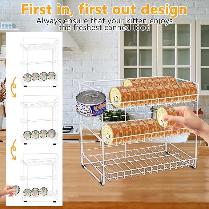 FMOACEN Cat Food Organizer, 3-Tier Stackable Iron Shelf for 45 Cans (3oz) - Pet Food Dispenser, Kitchen Pantry Storage Rack Cabinet, Canned Cat Organizer for Home & Shop