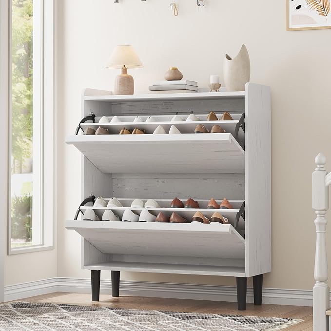 GarveeHome Shoe Cabinet with 2 Flip Drawers, Wooden Shoe Organizer with Adjustable Shelf, Shoe Storage for Entryway, Hidden Shoe Cabinet for Hallway, Living Room, White