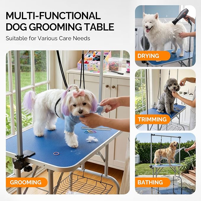 VINGLI Dog Grooming Table, Adjustable Cat Grooming Desktop with Arms and Storage Basket, Pet Grooming Stand at Home (Blue, 32 inch)