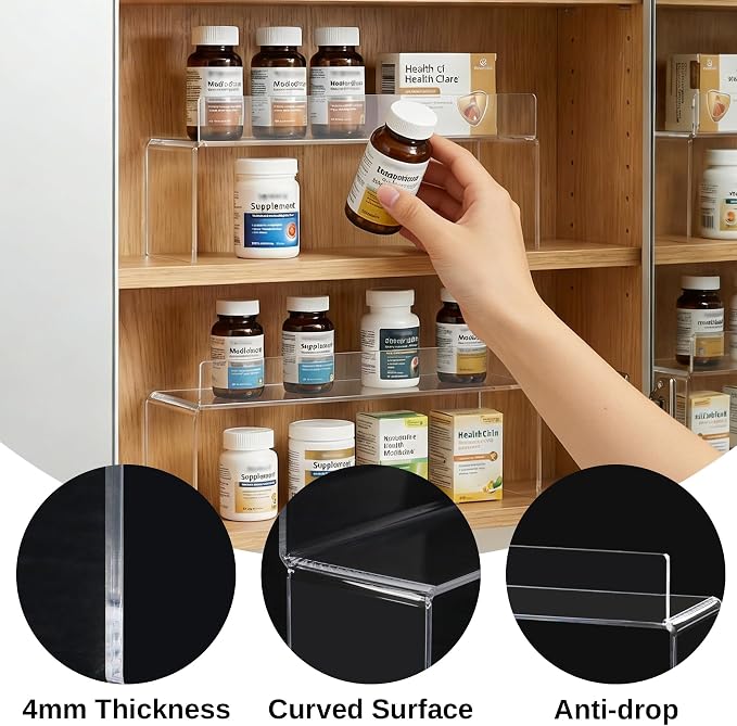 2 Pack Medicine Cabinet Organizer, Acrylic Medicine Storage Organizer, Narrow Medicine Cabinet Shelf for Bathroom Vanity Sink, Clear