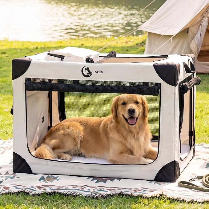 Portable Collapsible Soft Dog Crate for Extra Large Dogs, 42in Grey | Oxford Cloth Travel Camping dog kennel with 4 Mesh Windows & 2 Storage Pockets,for Indoor & Outdoor Use