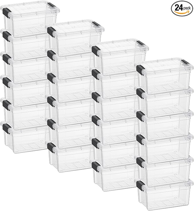 Superio 1.05 Quart Mini Clear Plastic Storage Container with Lid, Stackable Small Organizer Box for Crayons, Art Supplies, Beads, Sewing, Stationery & Food Storage, 24 Pack