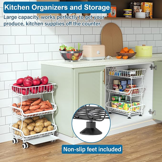 OKZEST 3-Tier Rolling Pantry Floor Organizers and Storage Cart with Wheels | Fits under pantry shelf, Stackable kitchen pantry baskets with dirt catch tray, Holds drink, snack, can, potato, onion, fruit