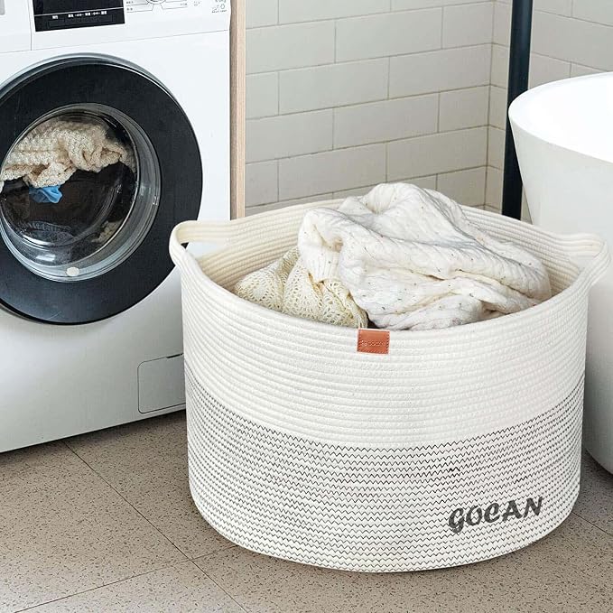 Cotton Rope Woven Laundry Basket 22"X 22"X 14" with handles(Beige) XXXL | Hand-woven, ideal for storing blankets and cushions in the living room, and clothes for household storage.