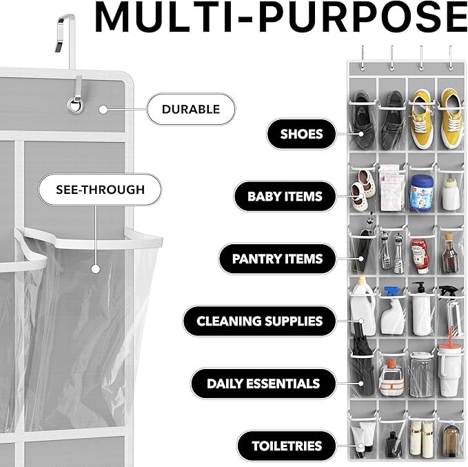 Simple Houseware 24 Pockets Clear Over the Door Shoe Organizer, Gray | 64" x 19", 4 Durable Metal Hooks, 4.3" x 9.5" Pocket Size, Multipurpose