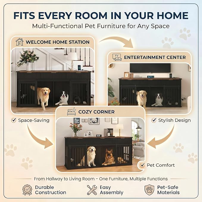 71" Large Dog Crate TV Stand with 3 Fluted Drawers, Furniture Style Wooden Double Dog Crate Furniture with Power Outlet and Rotating Feeders, Dogs Cage for Small Medium Large Dogs, Black