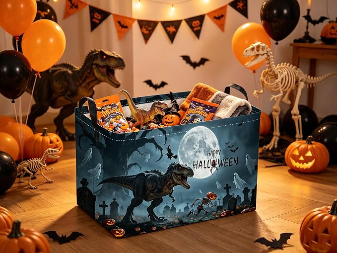 Sanjiaofeng Rectangular Dinosaur Halloween Baskets,Waterproof Foldable Dinosaurs Basket with Handles,Nursery Hamper,Home Organizer,Books Box,Gift Baskets(Misty Dinosaur)