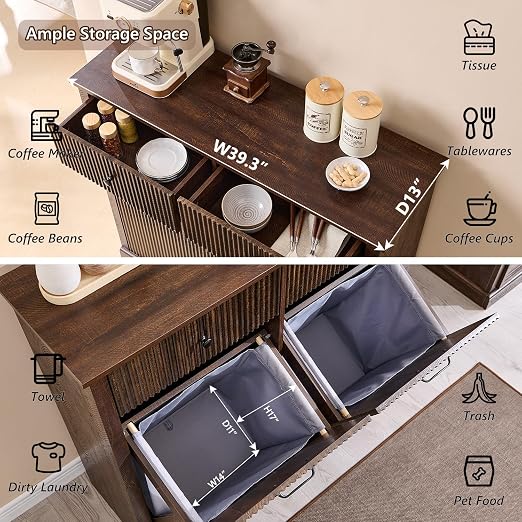 IFGET Double Tilt-Out Trash Cabinet, Fluted Laundry Hamper Cabinet, Brown